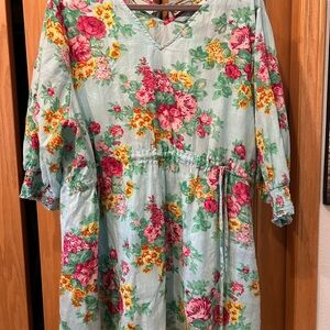 April Cornell Mint Floral Tunic with Pink and Yellow Blooms